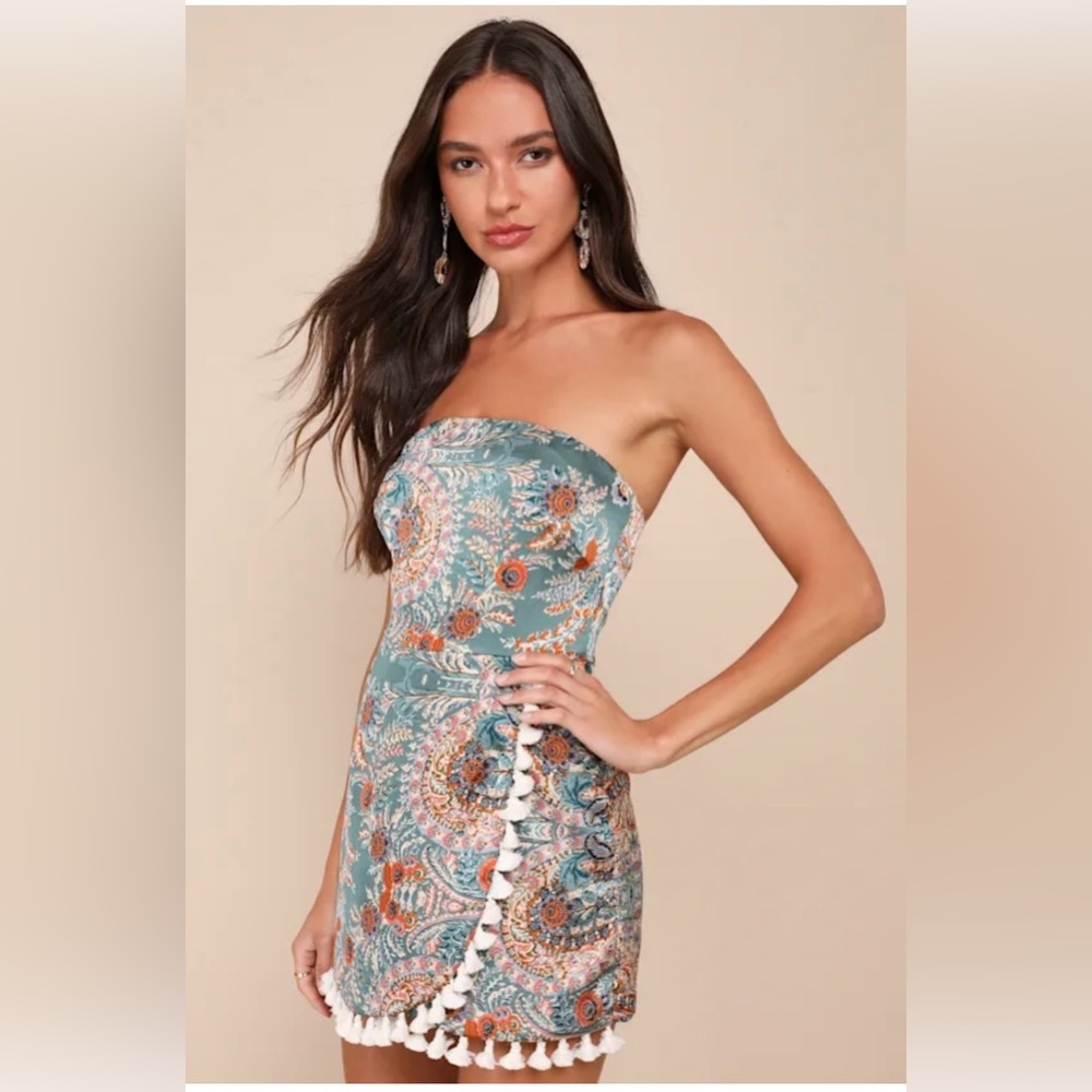Bohemian Perfection Teal Boho Floral Strapless Tasseled Romper